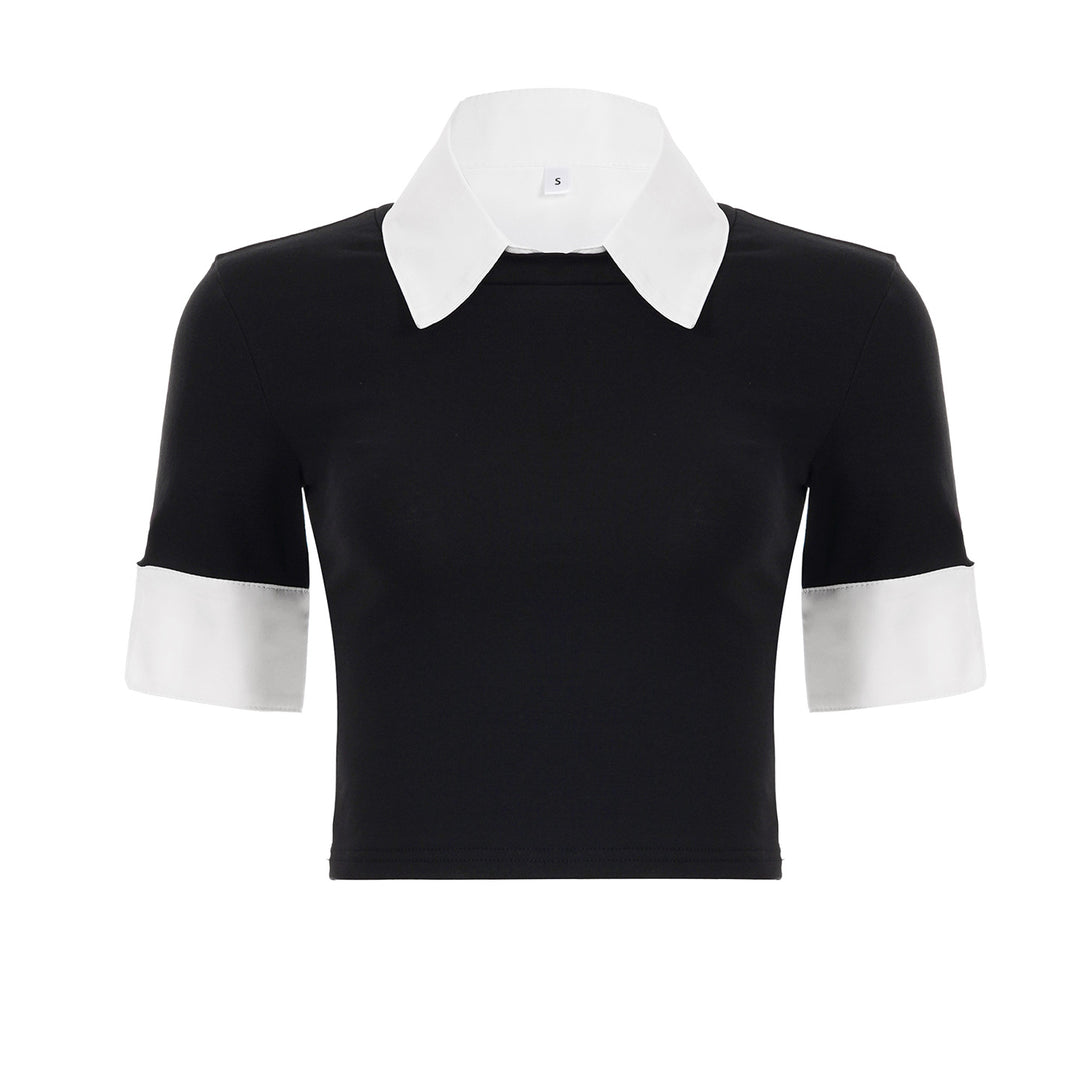 Damen cropped T-Shirt mit elegantem Kragen und Halblangen Ärmeln R&B