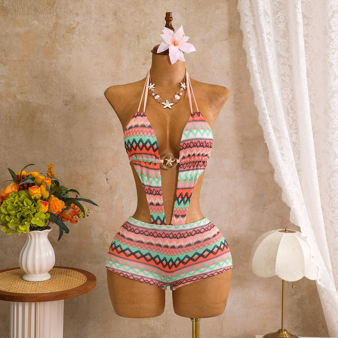 Damen Bikini mit buntem Ethno-Muster und verstellbaren Trägern R&B