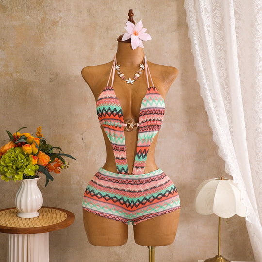 Damen Bikini mit buntem Ethno-Muster und verstellbaren Trägern R&B