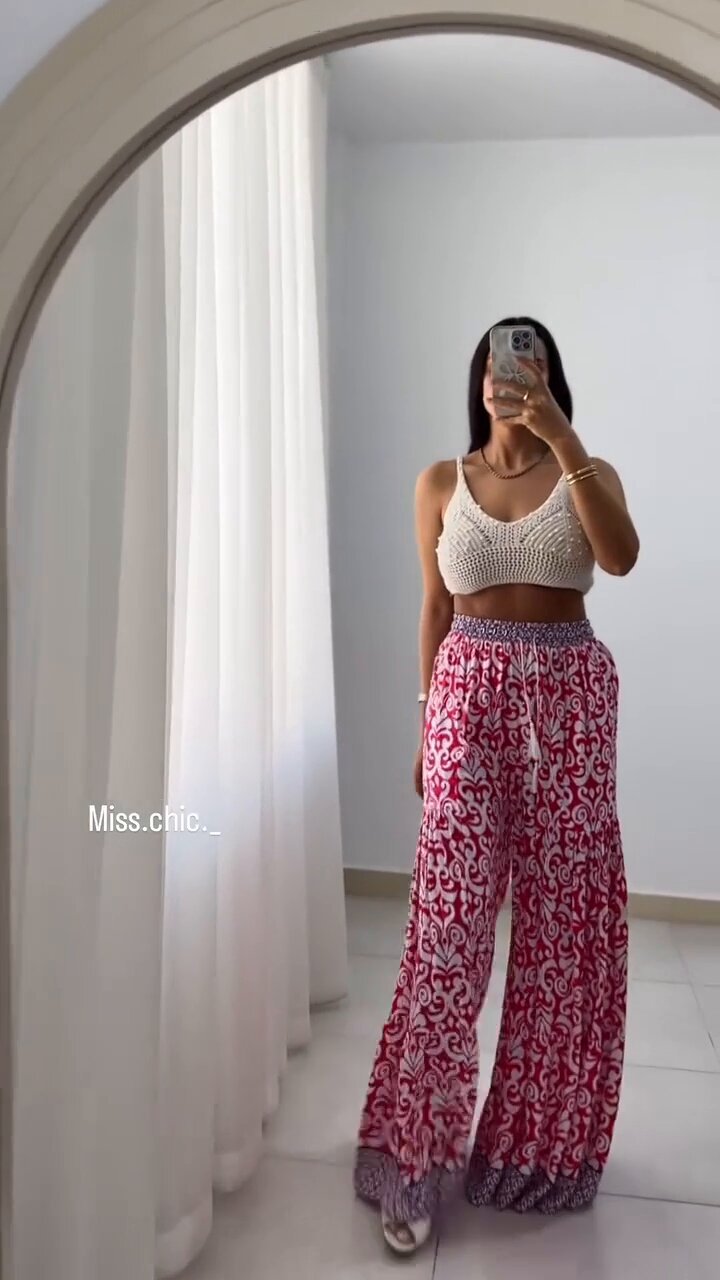 Damen weite Baumwollhose mit eingezogenem Gummibund und modernen Mustern R&B