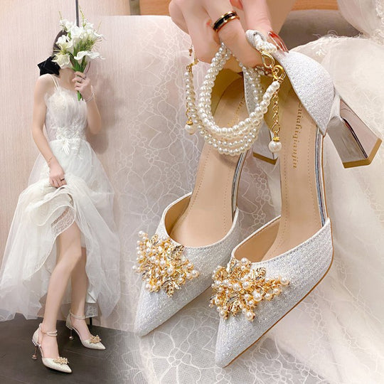 Damen elegante Pumps mit Perlenschmuck und glitzerndem Absatz R&B