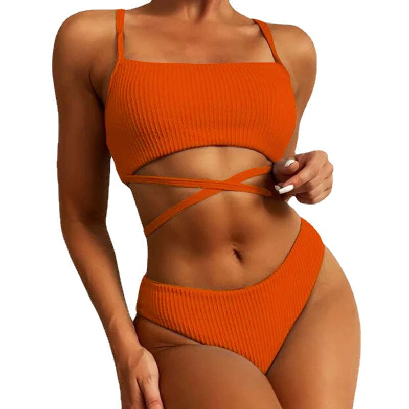 Damen Hochgeschnittener Ripp-Bikini mit Kreuzdetails R&B