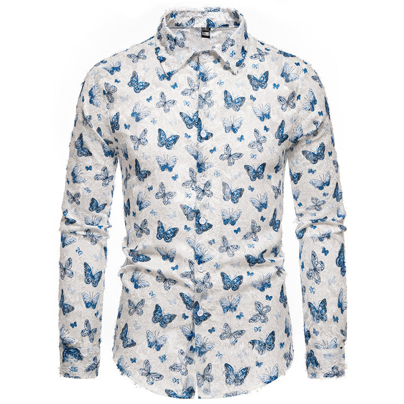 Herren langärmliges Hemd mit floralem Schmetterlingsmuster R&B
