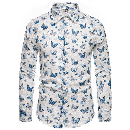 Herren langärmliges Hemd mit floralem Schmetterlingsmuster R&B