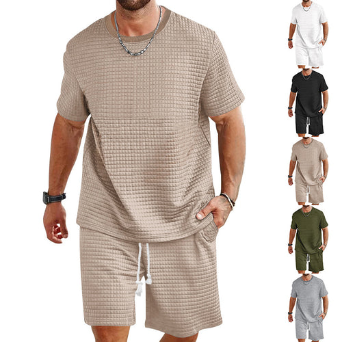 Herren nan Waffelstruktur Wohn- und Freizeit-Set mit weit geschnittenem Kurzarmshirt und kurzer Hose mit elastischem Bund R&B
