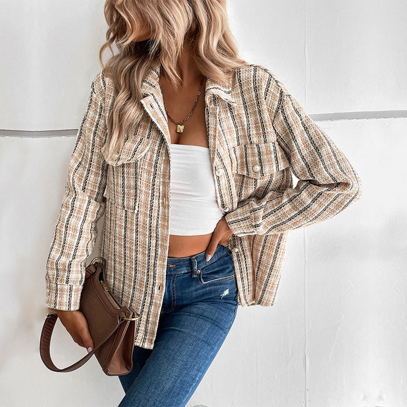 Damen gestreifte Utility-Jacke mit Brusttaschen und strukturierter Oberfläche R&B