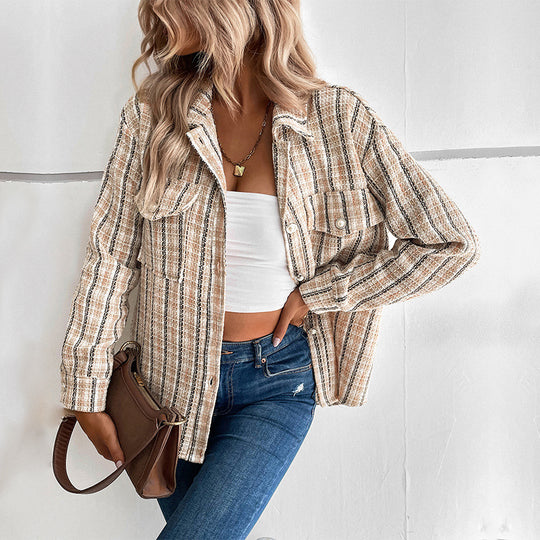 Damen gestreifte Utility-Jacke mit Brusttaschen und strukturierter Oberfläche R&B