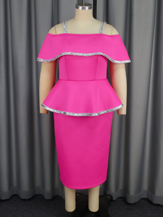 Damen Elegantes Cocktailkleid mit schulterfreiem Volant und funkelnden Akzenten R&B
