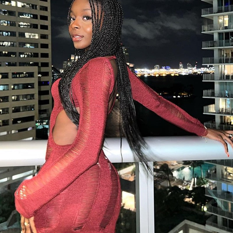 Damen Körperbetontes Strickkleid mit Rückenausschnitt und langen Ärmeln R&B