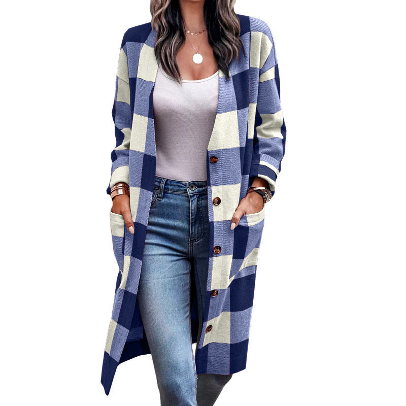 Damen Langarmcardigan mit modernem Karomuster und praktischen Taschen R&B