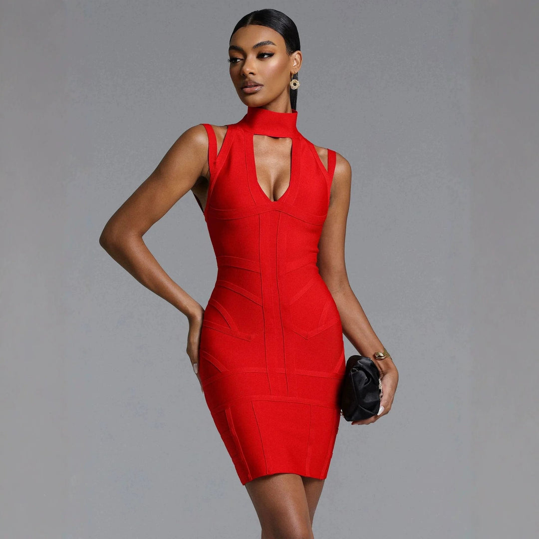 Damen Figurbetontes Minikleid mit hochgeschlossenem Ausschnitt und raffinierten Cut-Outs R&B