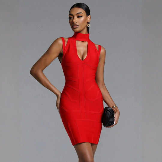 Damen Figurbetontes Minikleid mit hochgeschlossenem Ausschnitt und raffinierten Cut-Outs R&B