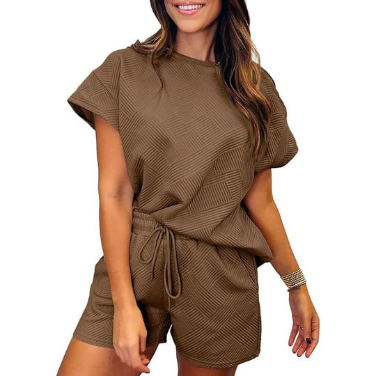 Damen gemütliches Freizeit-Set mit strukturiertem Oberteil und Shorts R&B