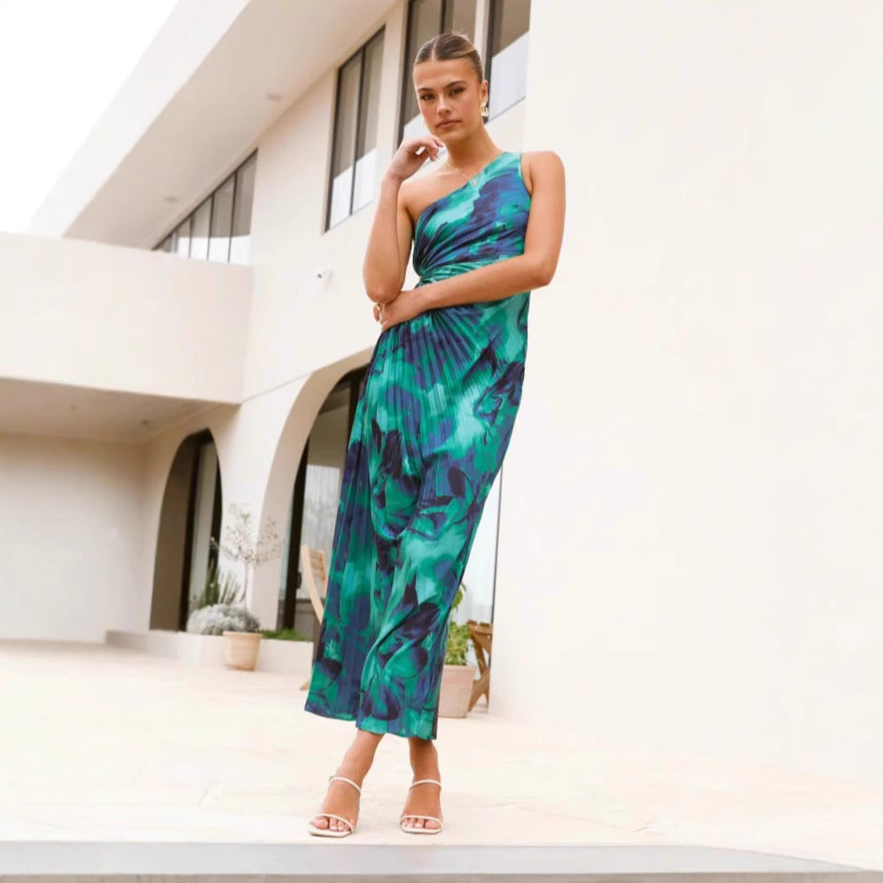 Damen Maxikleid mit asymmetrischem Schnitt und fließendem Faltenrock R&B