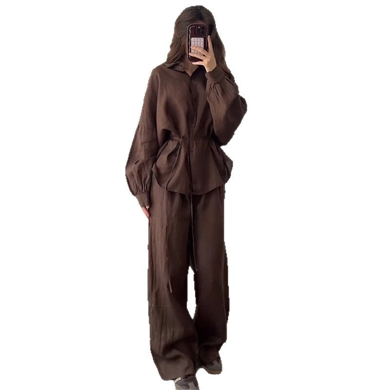 Damen lässiges Leinen-Loungewear-Set mit taillierter Bluse und weiten Hosen R&B