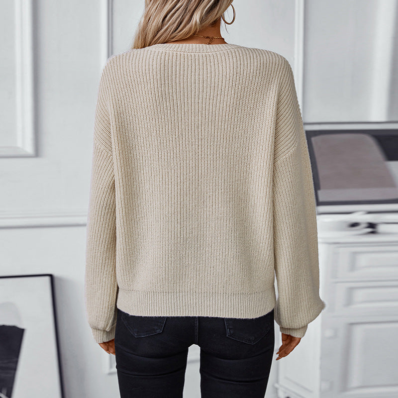Damen Strickpullover mit V-Ausschnitt und dekorativem Strukturmuster