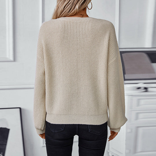 Damen Strickpullover mit V-Ausschnitt und dekorativem Strukturmuster R&B