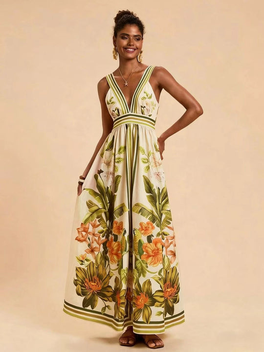 Damen Maxikleid mit tiefem V-Ausschnitt und floralem Design R&B