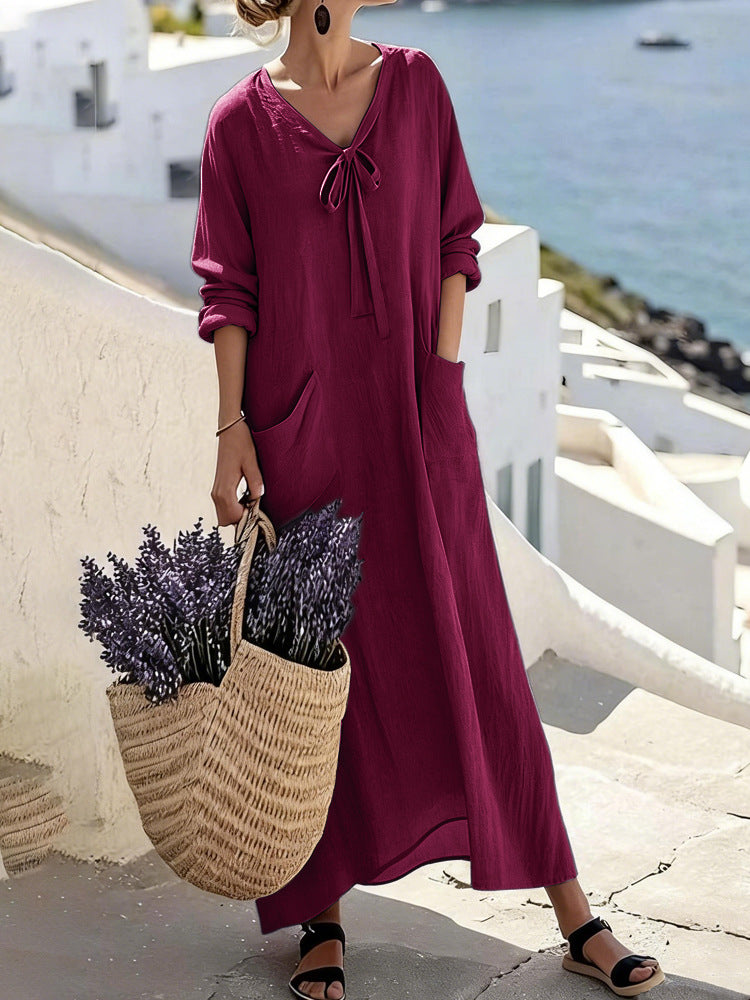 Damen Maxikleid mit seitlichen Taschen und Schleifendetails R&B