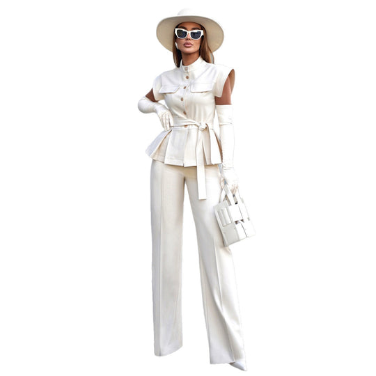 Damen Designer Blazer Set mit elegantem Wickelgürtel und plissiertem Saum R&B