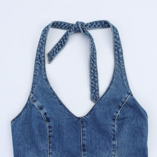 Damen Jumpsuit aus Denim mit Kreuzträgern R&B