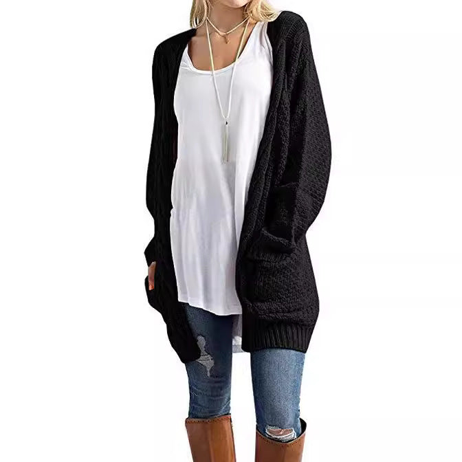 Damen gemütlicher Strickcardigan mit Taschen und Zopfmuster
