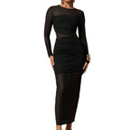 Damen nan schmalgeschnittenes Mesh-Midikleid mit langen Ärmeln, Taillenraffung und semitransparenter Rockbahn R&B