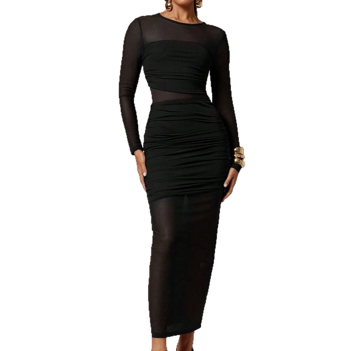 Damen nan schmalgeschnittenes Mesh-Midikleid mit langen Ärmeln, Taillenraffung und semitransparenter Rockbahn R&B