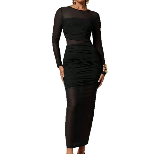 Damen nan schmalgeschnittenes Mesh-Midikleid mit langen Ärmeln, Taillenraffung und semitransparenter Rockbahn R&B