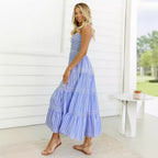Damen Lange Sommerkleid mit schmalen Trägern und voluminösem Rock R&B