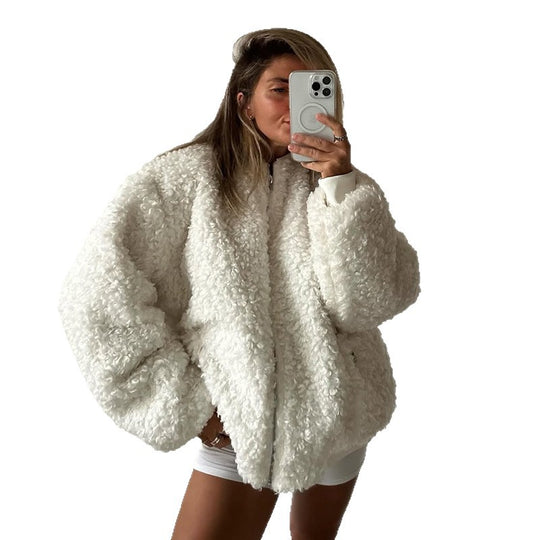 Damen gemütliche Teddyjacke mit hohem Kragen R&B