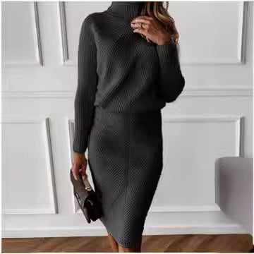 Damen Strickkleid mit hohem Kragen und eleganter Rippstruktur R&B
