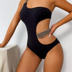 Damen Einseitiger Badeanzug mit trendigem Cut-Out und dekorativen Bindedetails R&B