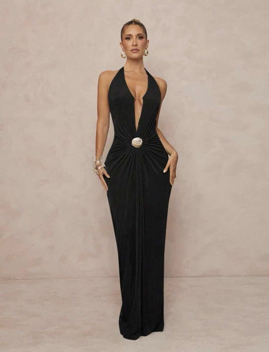 Damen Glamouröses Abendkleid mit tiefem V-Ausschnitt und eleganter Drapierung R&B