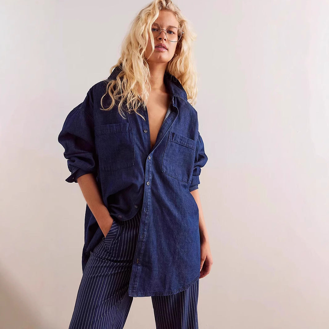 Damen Oversized Jeanshemd mit aufgesetzten Taschen R&B