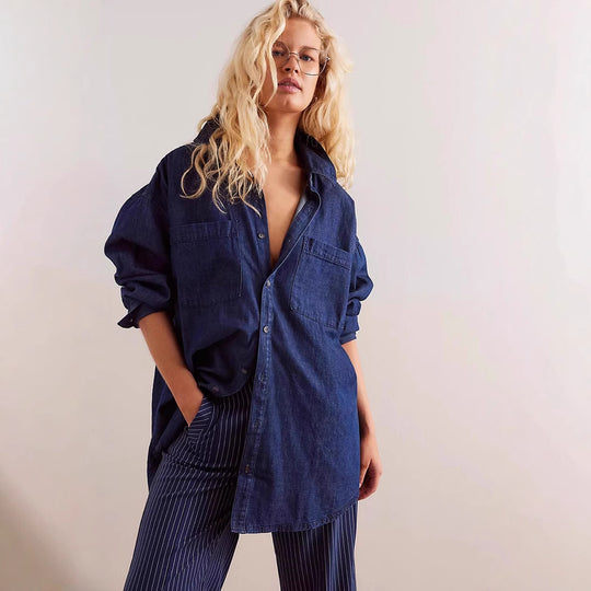 Damen Oversized Jeanshemd mit aufgesetzten Taschen R&B