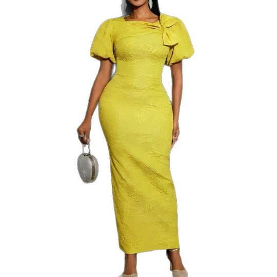 Damen elegantes Maxikleid mit voluminösen Puffärmeln und raffiniertem Schleifendetail R&B