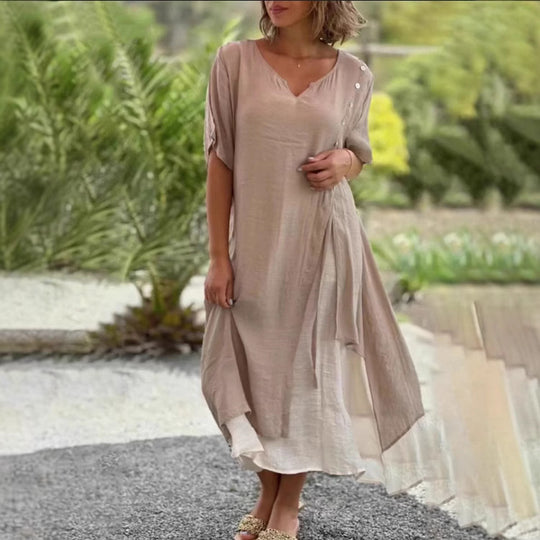 Damen nan zweilagiges Hemdkleid mit asymmetrischem Lagenrock, seitlicher Zierknopfleiste und Tunnelzug R&B