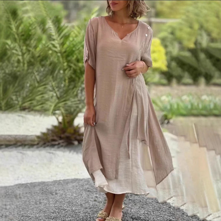 Damen nan zweilagiges Lagenkleid mit asymmetrischem Saum und Zierknopfleiste R&B