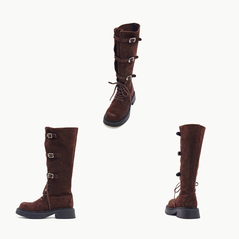 Damen Modische Overknee-Stiefel mit robustem Plateau und dekorativen Schnallen R&B