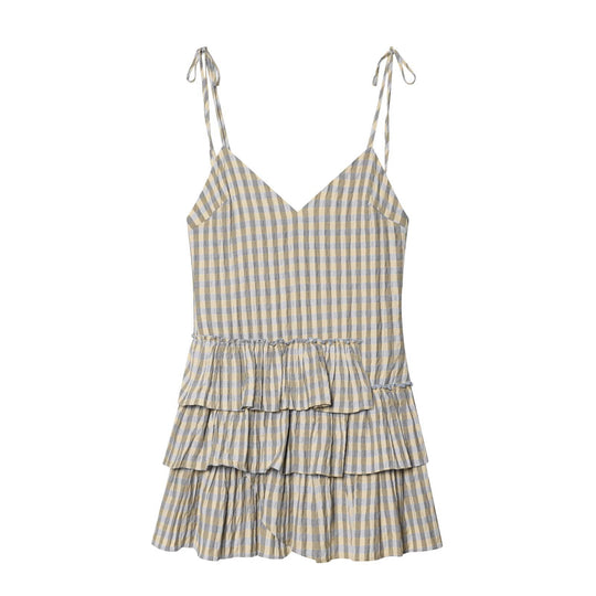 Damen luftiges V-Ausschnitt Sommerkleid mit Rüschen und verstellbaren Trägern R&B