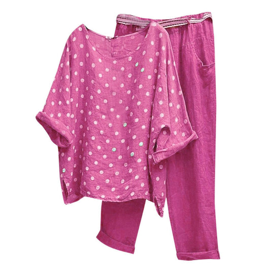 Damen nan Leinen-Loungewear-Set mit gepunkteter Oversize-Tunika und elastischer Bundhose R&B