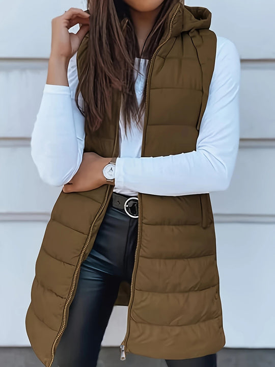 Damen Stylische gesteppte Weste mit Kapuze und langen Schnitt R&B