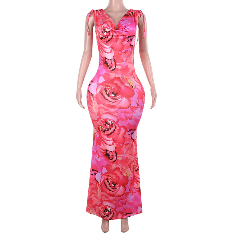 Damen figurbetontes Maxikleid mit floralem Design und elegantem Cowl-Ausschnitt R&B