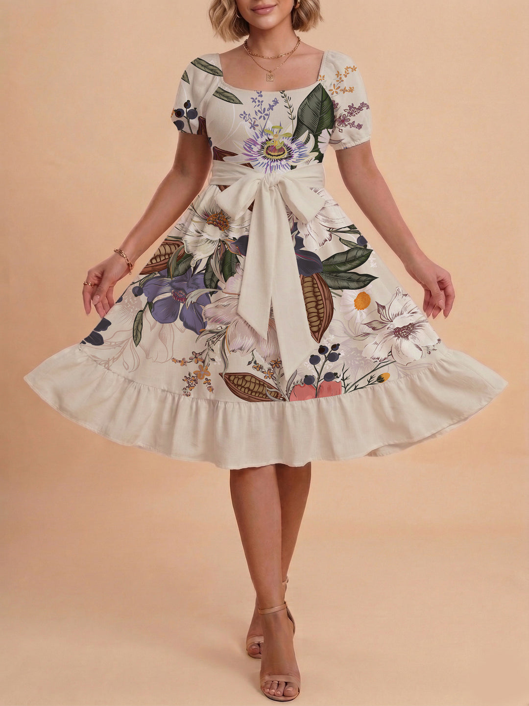 Damen Sommerliches Blumenkleid mit taillierbarem Gürtel und voluminösen Ärmeln R&B