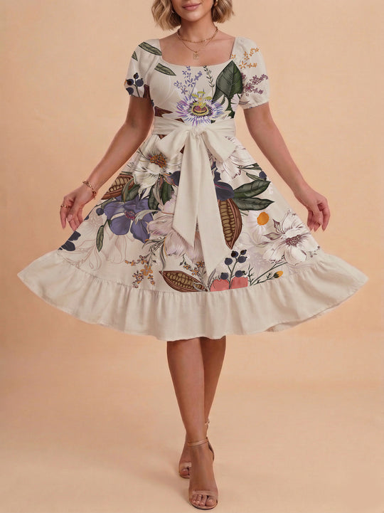 Damen Sommerliches Blumenkleid mit taillierbarem Gürtel und voluminösen Ärmeln R&B