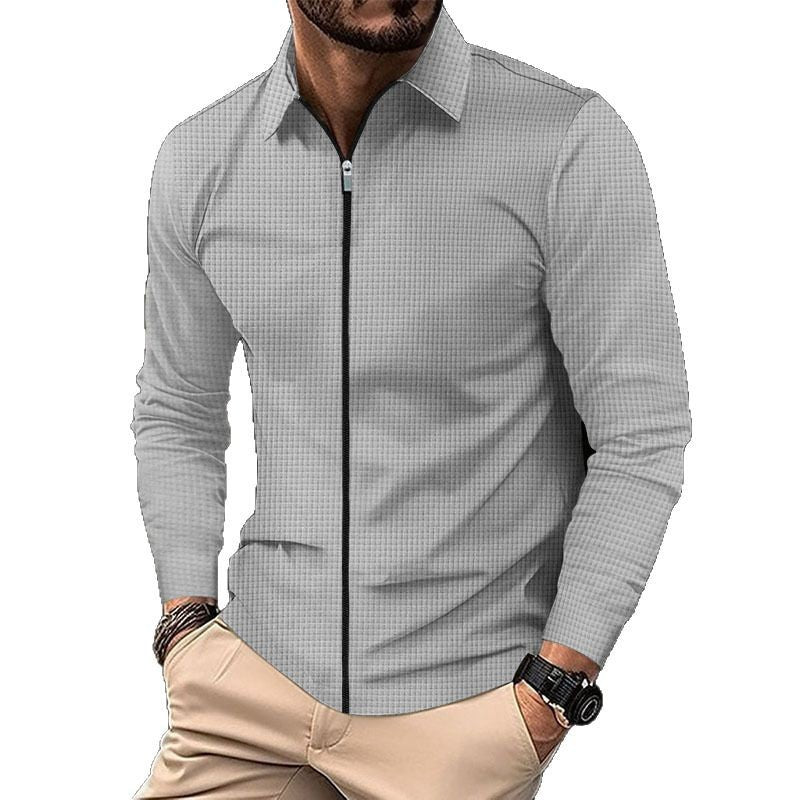 Herren nan feinstrukturiertes Langarm-Zipshirt mit Kentkragen und Waffelstruktur R&B