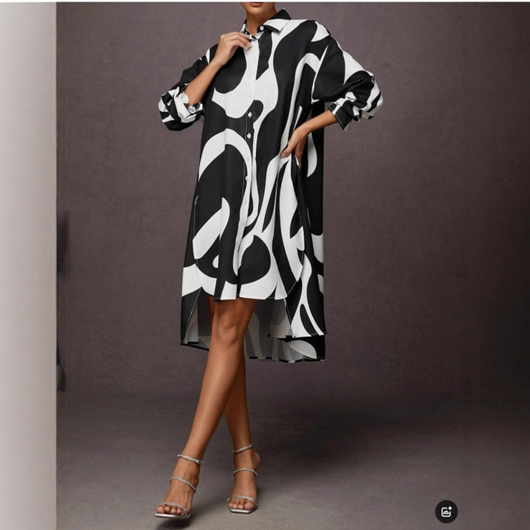 Damen Hemdblusenkleid mit modernem Grafikdruck und asymmetrischem Schnitt R&B