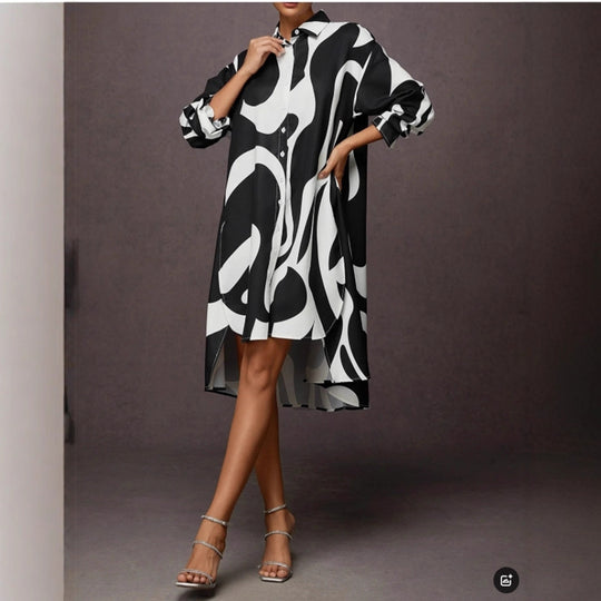 Damen Hemdblusenkleid mit modernem Grafikdruck und asymmetrischem Schnitt R&B