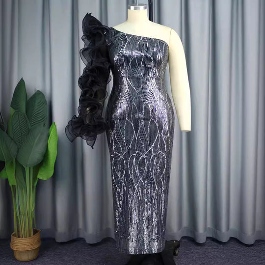 Damen Glitzerndes Abendkleid mit asymmetrischem Schnitt und voluminösen Rüschendetails R&B